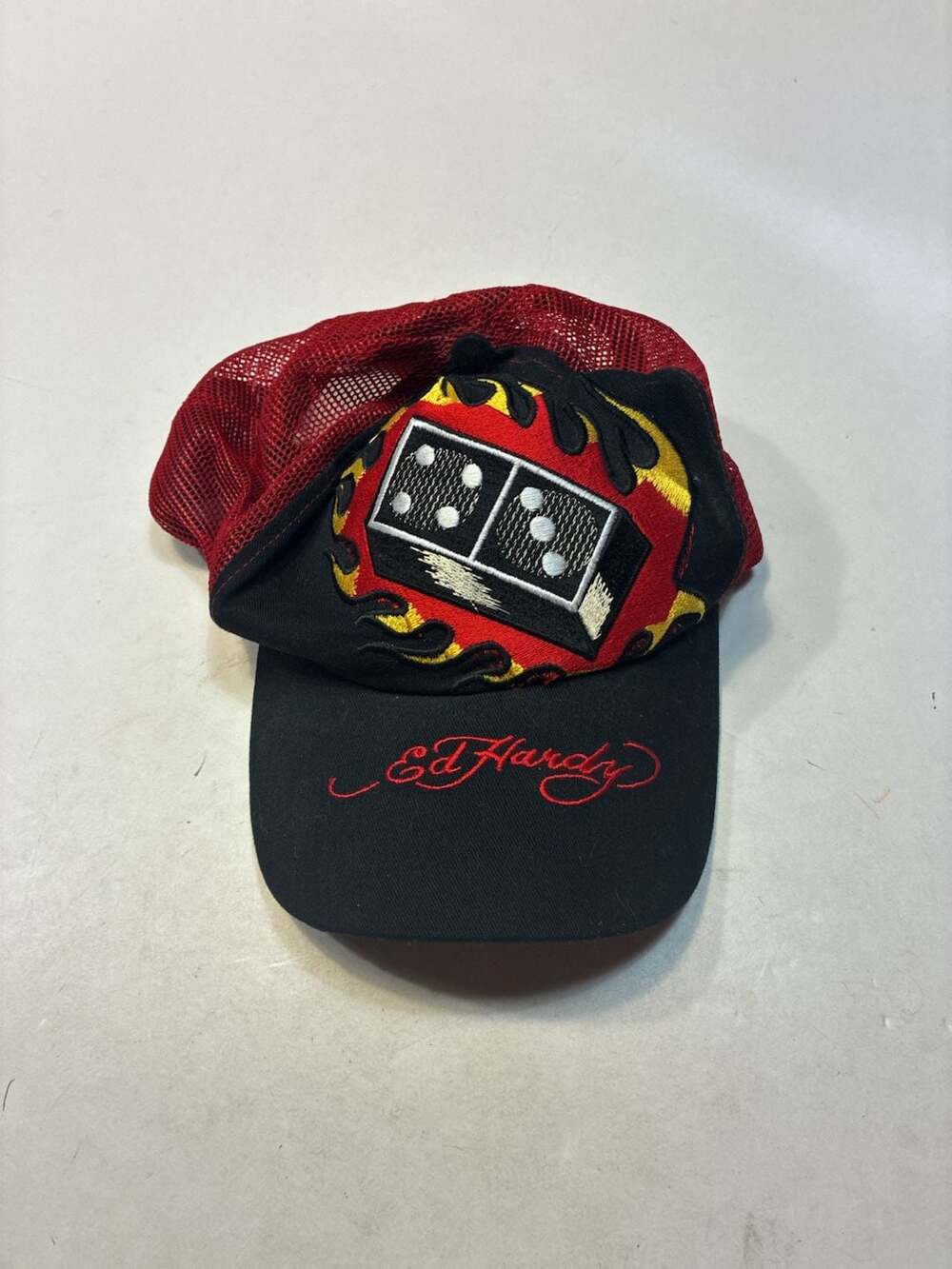 Ed Hardy Dice Flame Trucker Hat Black Red Snapback Mesh Cap
